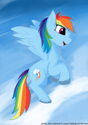 Size: 2894x4093 | Tagged: safe, artist:tempestshine, rainbow dash, pegasus, pony, g4, cloud, eye clipping through hair, eyebrows, eyebrows visible through hair, female, flying, high res, mare, open mouth, open smile, signature, sky, smiling, solo, spread wings, unshorn fetlocks, wings