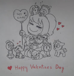 Size: 1484x1508 | Tagged: safe, artist:nikytale, human, pony, unicorn, balloon, crossover, female, happy birthday, happy valentines day, heart, heart balloon, mare, scrunchy face, smiling, traditional art