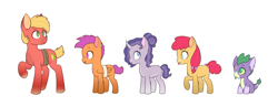 Size: 1523x588 | Tagged: safe, artist:nikytale, apple bloom, big macintosh, scootaloo, spike, sweetie belle, dragon, earth pony, pegasus, pony, unicorn, g4, :p, cutie mark crusaders, female, male, mare, raised hoof, redesign, simple background, stallion, tongue out, white background