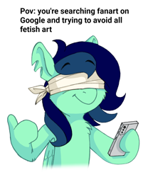 Size: 1080x1299 | Tagged: safe, artist:e-foxdactyl, oc, oc only, pegasus, pony, blindfold, cellphone, female, pegasus oc, phone, simple background, solo, suddenly hands, thumbs up, white background