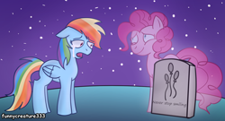 Size: 1916x1033 | Tagged: safe, artist:funnycreature333ng, pinkie pie, rainbow dash, earth pony, pegasus, pony, fanfic:bittersweet, g4, crying, duo, fanfic art, female, gravestone, mare, spirit