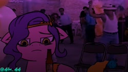 Size: 1920x1080 | Tagged: safe, artist:glim_gg, pipp petals, sparky sparkeroni, human, pegasus, pony, g5, alcoholism, beer bottle, bottle, chair, irl, irl human, party, photo, sleeping