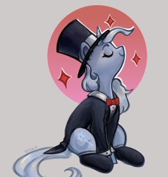 Size: 1200x1267 | Tagged: safe, artist:krista-21, trixie, pony, unicorn, g4, bowtie, clothes, eyes closed, female, gray background, hat, magician outfit, mare, nose in the air, simple background, sitting, smiling, solo, sparkles, top hat, tuxedo