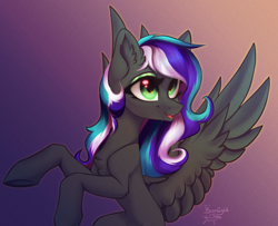 Size: 1392x1131 | Tagged: safe, artist:jsunlight, oc, pegasus, pony, green eyes, looking sideways, multicolored mane, open mouth, raised hooves, rearing, signature, slender, solo, spread wings, thin, wings