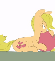 Size: 1125x1250 | Tagged: safe, artist:baigak, applejack, earth pony, pony, g4, apple, female, food, hatless, looking back, lying down, mare, missing accessory, prone, simple background, solo, white background
