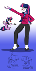 Size: 1805x3589 | Tagged: safe, artist:twi clown, twilight sparkle, oc, oc:twi clown, alicorn, human, pony, unicorn, equestria girls, g4, bowtie, clone, clothes, clown, clown nose, coat, crown, drill, humanized, jewelry, potion, red nose, regalia, spats, suit, twilight sparkle (alicorn), vest