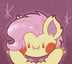 Size: 712x639 | Tagged: safe, artist:typhwosion, fluttershy, bat pony, pony, g4, >:), bat ponified, blush sticker, blushing, chibi, claws, colored pinnae, cute, cute little fangs, fangs, female, flutterbat, looking at you, mare, no pupils, race swap, red eyes, smiling, smiling at you, solo