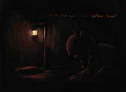 Size: 2795x2030 | Tagged: safe, artist:t72b, inky rose, pegasus, pony, g4, braid, dark, female, high res, lantern, limited palette, mare, sitting, spooky, talking to viewer, the king in yellow