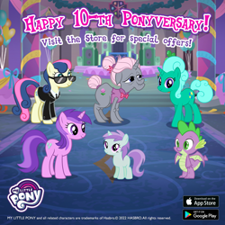 Size: 1080x1080 | Tagged: safe, gameloft, amethyst star, bon bon, sparkler, spike, sweetie drops, dragon, earth pony, pony, unicorn, g4, 2022, advertisement, anniversary, anniversary art, female, filly, foal, link in description, mare, mlp gameloft tenth anniversary, my little pony logo, secret agent sweetie drops, winged spike, wings