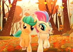 Size: 1920x1365 | Tagged: safe, artist:strelkafox, hitch trailblazer, zipp storm, earth pony, pegasus, pony, fall weather friends, g4, g5, adorazipp, autumn, base used, cute, duo, duo male and female, female, folded wings, forest, g5 to g4, generation leap, here we go again, history repeats itself, hitchbetes, leaf, leaves, looking at each other, looking at someone, male, mare, open mouth, open smile, running, ship:stormblazer, shipping, smiling, stallion, straight, tree, wings