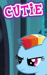 Size: 219x346 | Tagged: safe, gameloft, rainbow dash, pegasus, pony, g4, the cutie re-mark, alternate hairstyle, alternate timeline, female, mare, meme, mohawk, night guard, night guard dash, nightmare takeover timeline, solo, stare, wow! glimmer