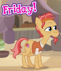 Size: 473x552 | Tagged: safe, gameloft, cactus fruit, earth pony, pony, g4, my little pony: magic princess, clothes, cropped, facial hair, friday, goatee, happy, male, meme, smiling, solo, somnambula resident, stallion, wow! glimmer