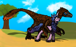 Size: 4000x2500 | Tagged: safe, artist:haribunawa, izzy moonbow, dinosaur, feathered dinosaur, pony, unicorn, utahraptor, velociraptor, g5, ambiguous gender, cloud, dirt road, duo, female, hill, horn, hug, open mouth, red eyes, smiling, teeth, tree, unshorn fetlocks