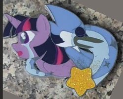 Size: 349x282 | Tagged: safe, artist:kaijuriot, twilight sparkle, pony, g4, airplanes (song), crossover, crossover shipping, crying, female, irl, male, merchandise, mordecai, mordetwi, photo, pin, regular show, shipping, straight