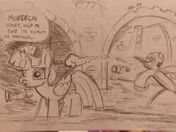 Size: 4000x3000 | Tagged: safe, artist:lytlethelemur, twilight sparkle, alicorn, pony, g4, crossover, crossover shipping, dialogue, female, flashlight (object), magic, male, mordecai, mordetwi, pencil drawing, regular show, shipping, straight, throwing, traditional art, twilight sparkle (alicorn)