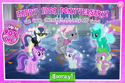 Size: 1957x1300 | Tagged: safe, gameloft, amethyst star, bon bon, glitter drops, liza doolots, old gardener, petunia, sparkler, spike, sweetie drops, tootsie flute, dragon, earth pony, pony, unicorn, g4, bowtie, claws, clothes, curved horn, english, event, female, filly, foal, group, horn, mare, mlp gameloft tenth anniversary, necktie, numbers, sale, secret agent sweetie drops, show accurate, suit, sunglasses, text, winged spike, wings