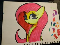 Size: 4032x3024 | Tagged: safe, artist:solid shrimp, fluttershy, pegasus, pony, g4, marker drawing, photo, sitting, solo, traditional art