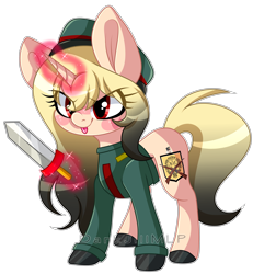 Size: 3472x3752 | Tagged: safe, artist:darkjillmlp123, oc, oc only, pony, unicorn, clothes, female, high res, magic, mare, simple background, solo, sword, tongue out, transparent background, uniform, weapon