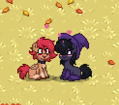 Size: 246x217 | Tagged: safe, oc, oc only, oc:midnight mass, oc:red rover, pegasus, pony, unicorn, pony town, blushing, bounty hunter, choker, clothes, female, floating heart, hat, heart, leaves, leggings, lesbian, shipping, witch, witch hat