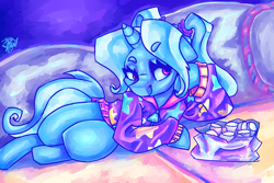 Size: 3600x2400 | Tagged: safe, artist:mannybcadavera, trixie, pony, unicorn, g4, alternate hairstyle, babysitter trixie, clothes, eyebrows, eyebrows visible through hair, female, food, high res, hoodie, hoof on chin, lying down, mare, marshmallow, on side, smiling, solo
