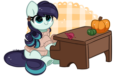 Size: 6821x4065 | Tagged: safe, artist:kittyrosie, coloratura, earth pony, pony, g4, acorn, clothes, cute, female, leaf, mare, musical instrument, piano, pumpkin, rarabetes, simple background, sitting, smiling, solo, starry eyes, sweater, white background, wingding eyes