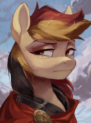 Size: 1560x2100 | Tagged: safe, artist:egil, oc, oc only, oc:typhoon, pegasus, pony, equestria at war mod, angry, armor, bust, cape, clothes, eye scar, facial scar, female, guardsmare, mare, portrait, royal guard, scar, scowl, sky, solo, squint