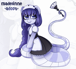 Size: 2815x2540 | Tagged: safe, artist:madelinne, oc, oc only, lamia, original species, adoptable, adoptable open, blue eyes, blue hair, braid, clothes, cute, dress, female, high res, long hair, maid, mare, shy, simple background, solo, zoom layer