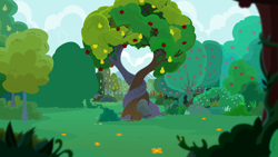 Size: 3688x2073 | Tagged: safe, artist:zacatron94, g4, the perfect pear, apple, apple tree, high res, intertwined trees, no pony, pear tree, rock, tree, vector, wallpaper