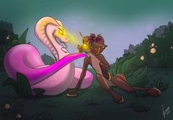 Size: 1180x820 | Tagged: safe, artist:stirren, pony, snake, unicorn, commission, duo, forest background, glowing, glowing eyes, hypnosis, hypnotized, looking into each others eyes, mind control, nature, swirly eyes, ych result