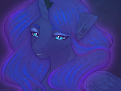 Size: 2160x1620 | Tagged: safe, artist:enderbee, princess luna, alicorn, pony, g4, blue background, blue eyes, blue hair, digital art, moon, night, purple background, simple background, sketch, stars