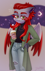 Size: 3113x4920 | Tagged: safe, artist:irinamar, oc, oc only, oc:nimea rednight, pegasus, anthro, unguligrade anthro, :<, bijouterie, burn, burnt, cardigan, chains, clothes, coffee, coffee cup, commission, cup, denim, digital art, ear piercing, earring, eyelashes, female, fog, green eyes, half body, jeans, jewelry, long hair, looking at you, moon, moonlight, nails, night, pants, pegasus oc, piercing, ripped pants, simple background, solo, sparkles, stars, torn clothes, turtleneck, wings
