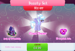 Size: 1266x858 | Tagged: safe, gameloft, cloudchaser, pegasus, pony, g4, beauty set, bundle, bush, costs real money, english, female, mare, numbers, sale, solo, spread wings, statue, text, wings