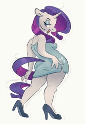 Size: 1374x2000 | Tagged: safe, artist:totalmessica, rarity, unicorn, anthro, plantigrade anthro, g4, breasts, clothes, dress, female, floppy ears, high heels, lidded eyes, mare, open mouth, open smile, shoes, sideboob, simple background, smiling, solo, white background