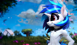 Size: 1536x896 | Tagged: safe, ai assisted, ai content, artist:darbarri, derpibooru exclusive, generator:stable diffusion, dj pon-3, vinyl scratch, semi-anthro, g4, belly button, chest fluff, cloud, collar, cute, day, ear fluff, female, flower, fluffy, mare, nature, sky, smiling, solo, tree, wallpaper