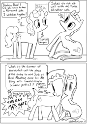 Size: 1280x1810 | Tagged: safe, artist:spectralunicorn, pinkie pie, rainbow dash, earth pony, pegasus, pony, g4, 2 panel comic, black and white, comic, dialogue, duo, grayscale, monochrome, morrowind, pun, simple background, speech bubble, the elder scrolls, white background