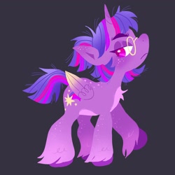 Size: 2048x2048 | Tagged: safe, artist:alexbeeza, twilight sparkle, alicorn, pony, g4, alternate design, alternate hairstyle, chest fluff, colored wings, freckles, glasses, gradient wings, high res, looking back, short mane, short tail, solo, tail, twilight sparkle (alicorn), unamused, unshorn fetlocks, wings