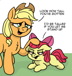 Size: 1879x1980 | Tagged: safe, artist:doodledonutart, apple bloom, applejack, earth pony, pony, g4, apple sisters, female, filly, foal, head pat, mare, pat, ponytober, ponytober 2022, siblings, sisters, text
