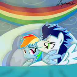 Size: 900x900 | Tagged: safe, artist:mlplary6, rainbow dash, soarin', pegasus, pony, g4, bed, bedroom eyes, cuddling, female, hug, husband and wife, looking at each other, looking at someone, lying down, male, mare, morning, morning ponies, rainbow dash's bedroom, relaxed, relaxing, romantic, ship:soarindash, shipping, smiling, smiling at each other, snuggling, stallion, straight, tired
