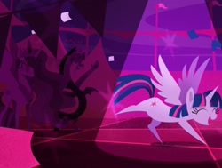 Size: 719x543 | Tagged: safe, screencap, discord, princess celestia, twilight sparkle, alicorn, draconequus, pony, g4, my little pony: the movie, credits, cropped, crown, dancing, do the sparkle, duo, female, jewelry, male, party, regalia, twilight sparkle (alicorn)