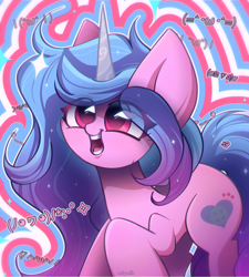 Size: 1800x2000 | Tagged: safe, artist:miryelis, izzy moonbow, pony, unicorn, g5, big eyes, cute, emoji, female, gradient mane, happy, horn, izzybetes, long hair, mare, simple background, smiling, solo, text