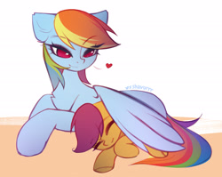 Size: 2710x2160 | Tagged: safe, artist:shavurrr, rainbow dash, scootaloo, pegasus, pony, g4, chest fluff, cute, duo, duo female, eye clipping through hair, eyes closed, female, filly, floating heart, foal, heart, high res, lying down, mare, on side, prone, scootalove, signature, simple background, smiling, spread wings, wing blanket, winghug, wings