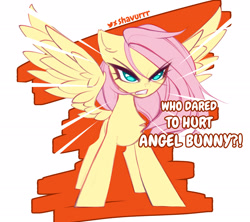 Size: 2437x2160 | Tagged: safe, artist:shavurrr, fluttershy, pegasus, pony, g4, angry, badass, flutterbadass, high res, huevember, implied angel bunny, simple background, solo, this will end in pain, this will end in pain and/or death