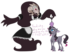 Size: 3840x2776 | Tagged: safe, artist:deacoti, fhtng th§ ¿nsp§kbl, oleander (tfh), classical unicorn, demon, pony, unicorn, them's fightin' herds, clothes, cloven hooves, community related, crossdressing, dress, duo, duster, eyes closed, high res, horn, leonine tail, maid, purple text, simple background, standing, transparent background, unshorn fetlocks