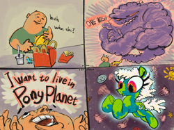 Size: 2732x2048 | Tagged: safe, artist:ja0822ck, oc, oc:earth-chan, earth pony, genie, human, pony, brony, comic, dialogue, earth, high res, literal genie, magic lamp, mcdonald's, planet, planet ponies, pog, ponified, pun, rule 85, transformation, visual pun, wish