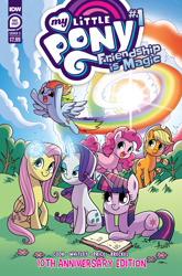Size: 2063x3131 | Tagged: safe, artist:agnesgarbowska, idw, official comic, applejack, fluttershy, pinkie pie, rainbow dash, rarity, twilight sparkle, earth pony, pegasus, pony, unicorn, g4, official, anniversary, applejack's hat, book, comic cover, cowboy hat, eyeshadow, female, flower, flower in hair, flying, folded wings, glowing, glowing horn, hat, high res, horn, lidded eyes, lying down, magic, magic aura, makeup, mane six, mare, my little pony logo, open mouth, open smile, prone, signature, smiling, sonic rainboom, spread wings, telekinesis, tree, unicorn twilight, wings