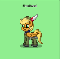 Size: 402x399 | Tagged: safe, artist:clevercloud2022pl, oc, oc only, oc:huntercloud, pegasus, pony, pony town, clothes, green background, male, simple background, solo, sword, uniform, weapon, wings