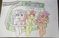 Size: 3247x2073 | Tagged: safe, artist:gmangamer25, apple bloom, scootaloo, sweetie belle, bird, earth pony, pegasus, pony, unicorn, vocational death cruise, g4, bow, cloud, computer, crying, cutie mark crusaders, fanart, female, filly, foal, hair bow, heart, helmet, high res, horn, laptop computer, lift, pencil drawing, scared, scootaloo is not amused, sitting, the cmc's cutie marks, traditional art, unamused, wings, wristband