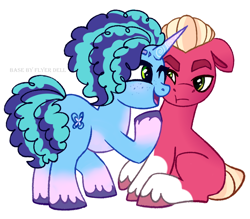 Size: 3568x3120 | Tagged: safe, artist:flyerdell, misty brightdawn, sprout cloverleaf, earth pony, pony, unicorn, g4, g5, my little pony: make your mark, cute, duo, female, floppy ears, freckles, g5 to g4, generation leap, high res, looking at each other, looking at someone, male, mare, mistybetes, ship:mistyclover, shipping, simple background, stallion, straight, white background