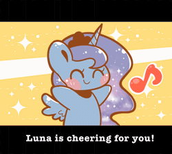 Size: 1280x1148 | Tagged: safe, artist:typhwosion, part of a set, princess luna, alicorn, pony, g4, ^^, animated, cheering, chibi, crown, cute, eyes closed, female, gif, happy, hooves up, jewelry, lunabetes, magikarp jump, mare, music notes, open mouth, open smile, positive ponies, regalia, smiling, solo, sparkles, text