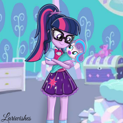 Size: 1000x1000 | Tagged: safe, artist:mlplary6, princess flurry heart, sci-twi, twilight sparkle, human, equestria girls, g4, aunt, aunt and niece, auntie twilight, baby, carrying, clothes, cute, duo, duo female, equestria girls outfit, equestria girls-ified, female, flurrybetes, glasses, looking at each other, looking at someone, pacifier, sci-twi outfits, smiling, twiabetes